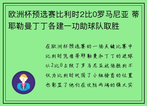 欧洲杯预选赛比利时2比0罗马尼亚 蒂耶勒曼丁丁各建一功助球队取胜